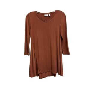 LOGO By Lori Goldstein Top Womens XS 3/4 Sleeve Brown Asymetrical Rayon Spandex